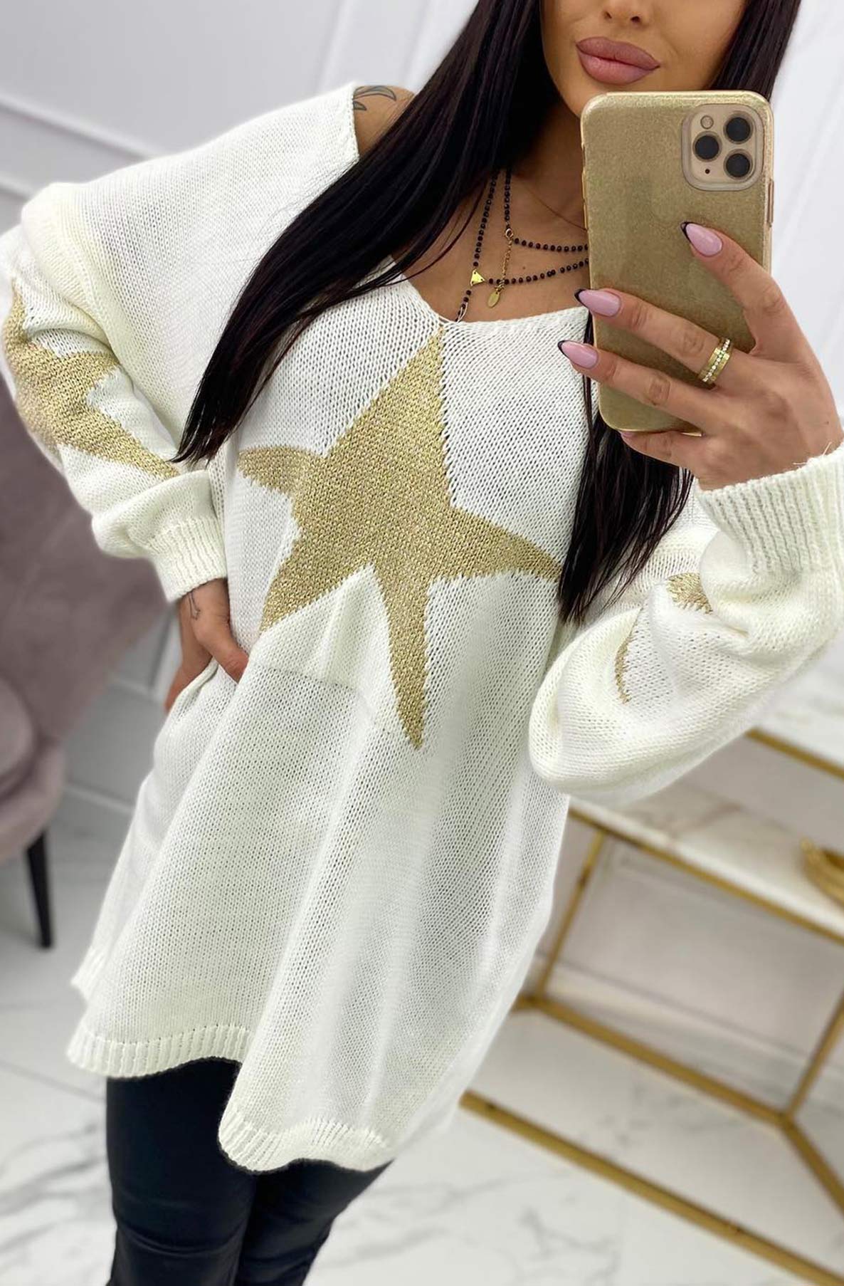 Bethany 'STAR' Shimmer Knitted Jumper Tunic Top-Ivory