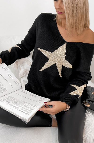 Bethany 'Star' Shimmer Knitted Jumper Top-Black