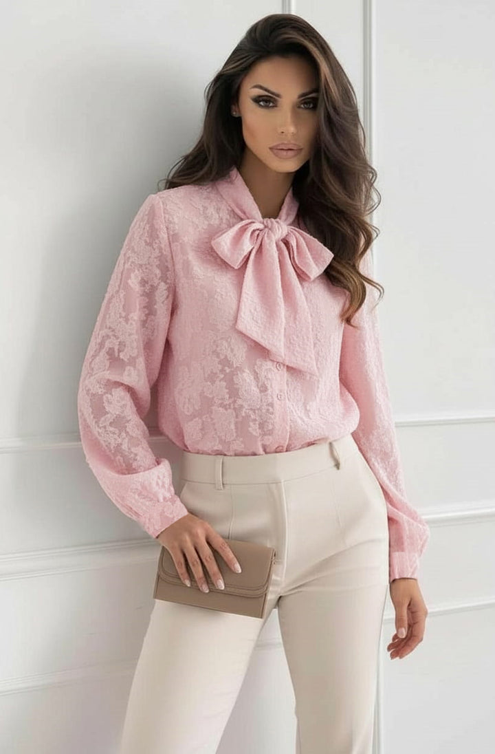 Beverly Bow Floral Eyelash Texture Blouse Top-Pink