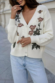 Bianca Floral Embroidered Cardigan-Ivory