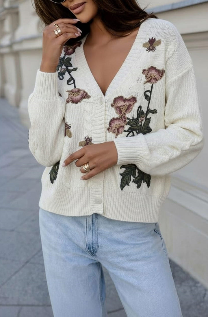 Bianca Floral Embroidered Cardigan-Ivory
