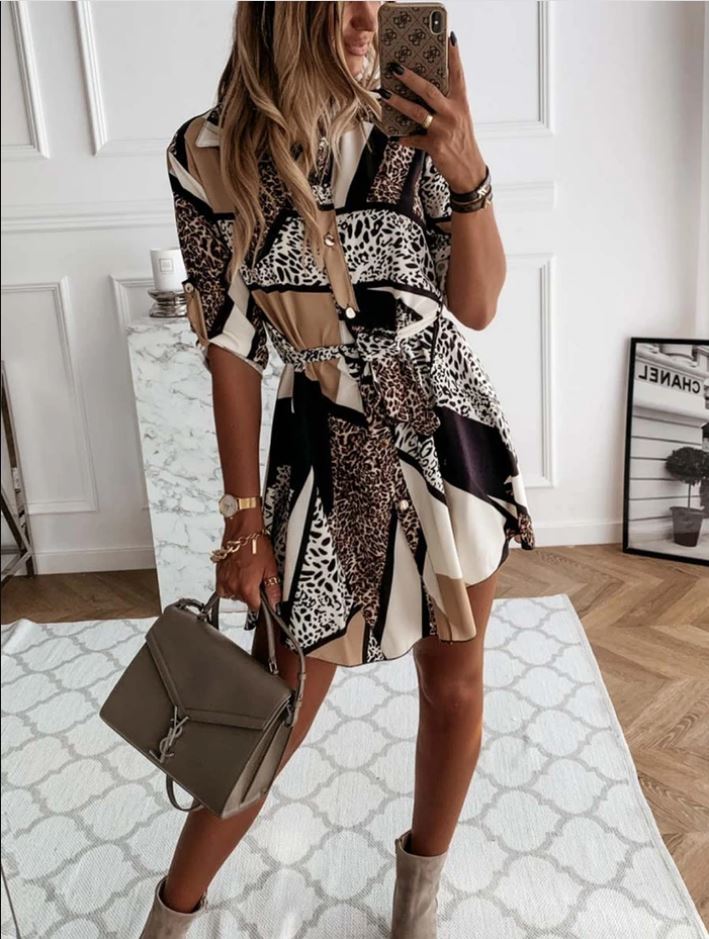 Bonnie PLUS SIZE Colour Block Leopard Print Shirt Dress-Brown
