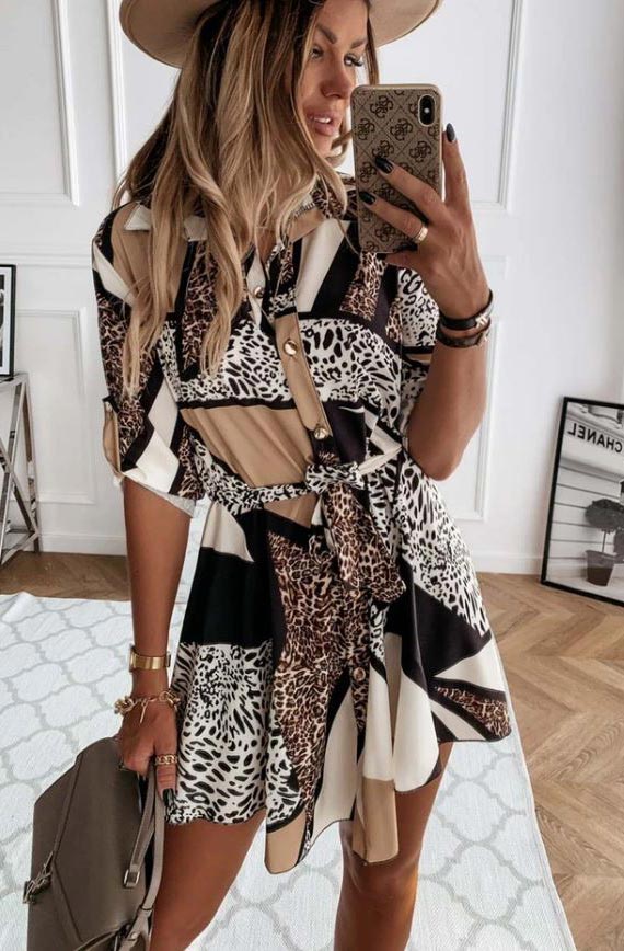Bonnie Colour Block Leopard Print Shirt Dress-Brown