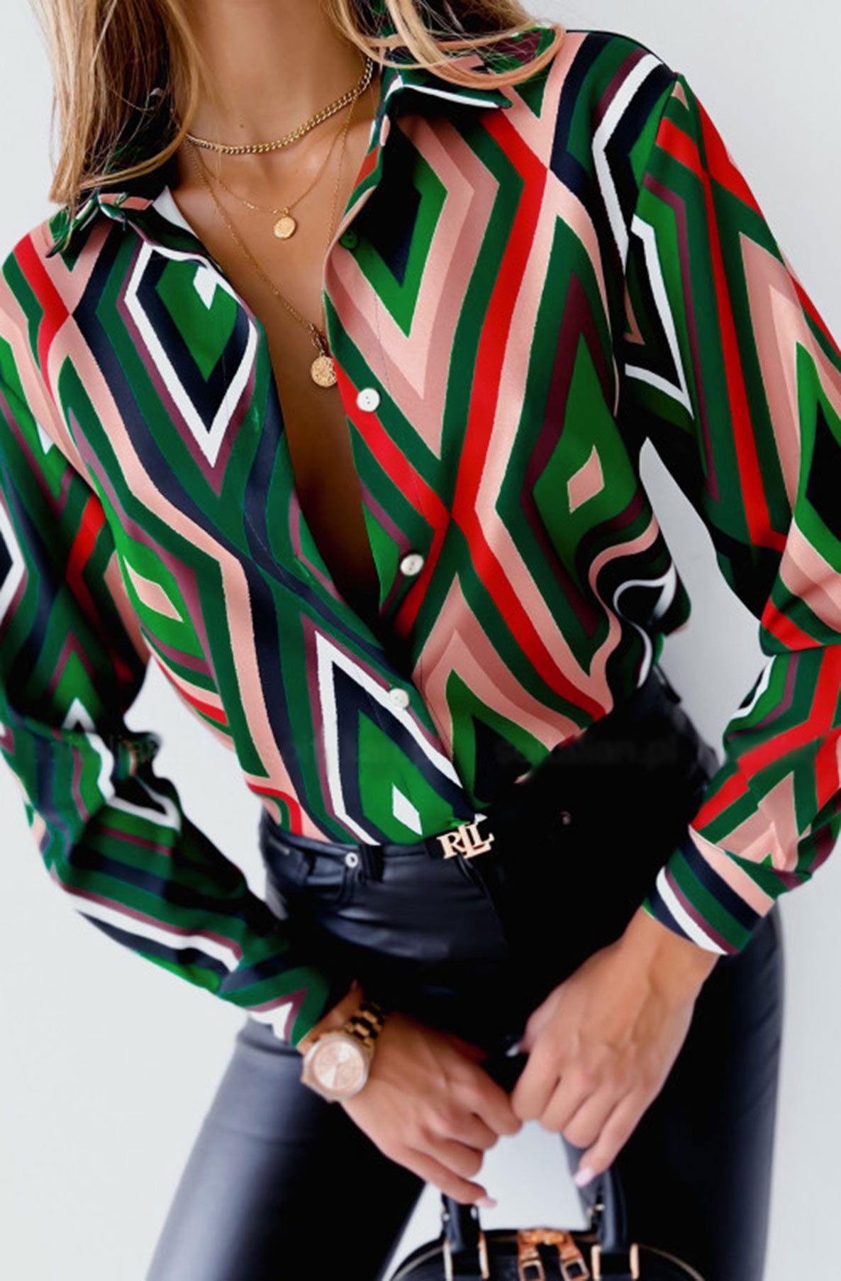 Bree Argyle Diamond Print Blouse Shirt Top-Green