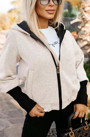 Briana Contrast Hooded Bomber Jacket-Cream