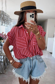 Brina Striped Pocket Detail Cotton Gauze Style Shirt Top-Dark Pink