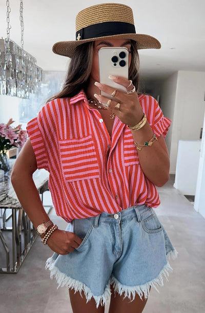 Brina Striped Pocket Detail Cotton Gauze Style Shirt Top-Orange