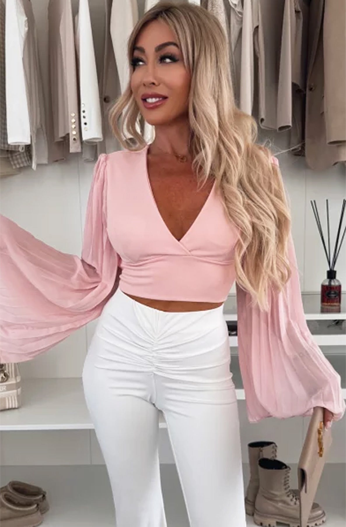 Britney Flute Sleeve Tie-Up Cropped Top-Baby Pink