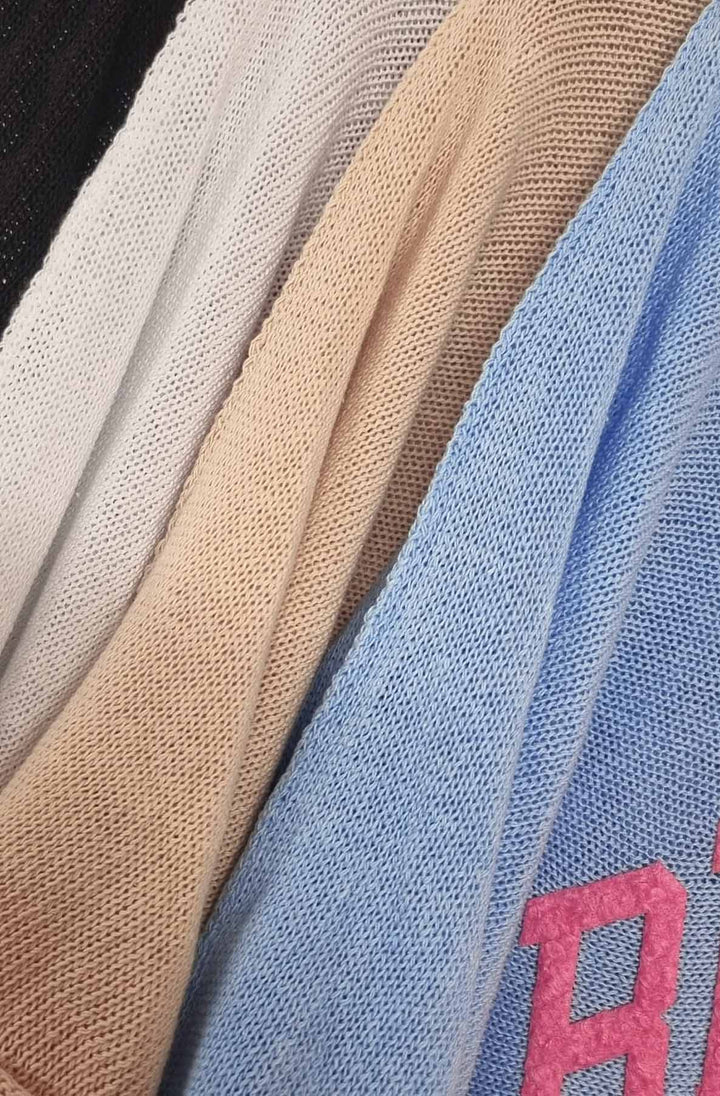 ‘BROOKLYN NY’ Oversized Lightweight Open-Knit Top-Blue