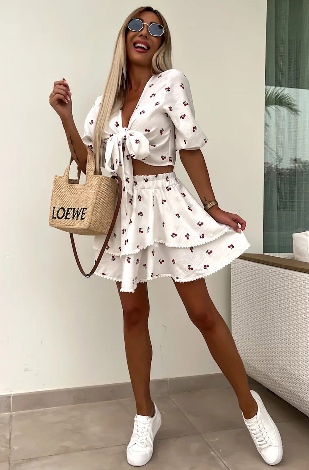 Calista 'Cherry' Printed Two Piece Co-Ord Set-Ivory