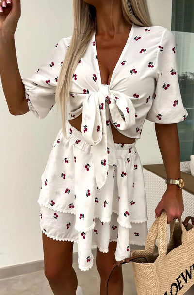 Calista 'Cherry' Printed Two Piece Co-Ord Set-Ivory