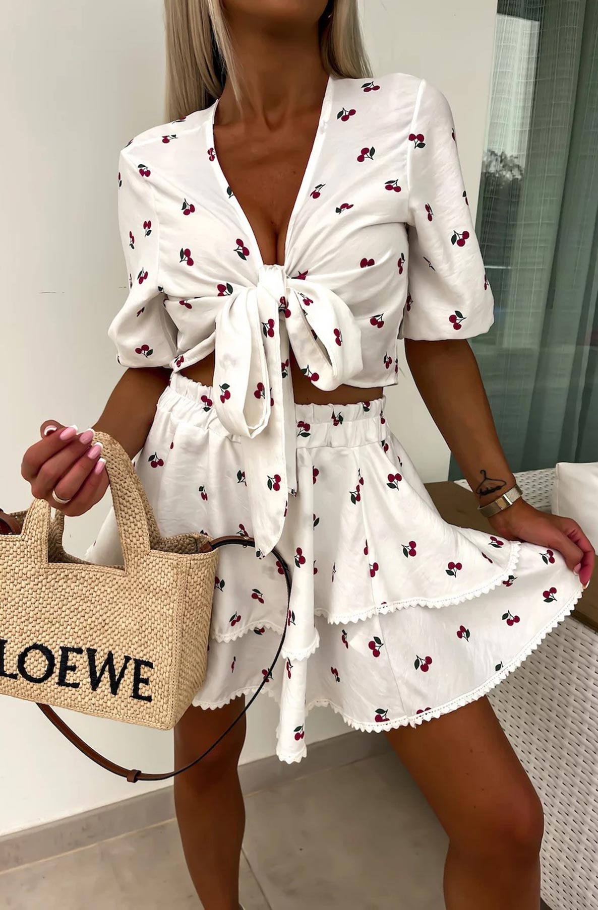 Calista 'Cherry' Printed Two Piece Co-Ord Set-Ivory