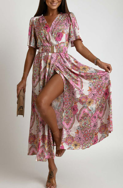 Camila Floral Paisley Satin Maxi Dress-Pink