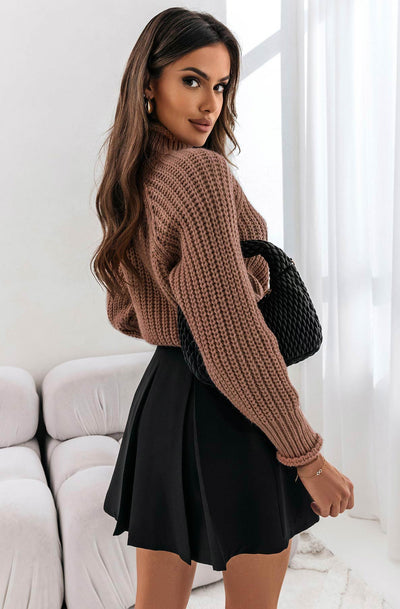 Candice High Neck Cropped Knitted Jumper Top-Brown