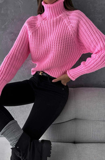 Candice High Neck Cropped Knitted Jumper Top-Pink
