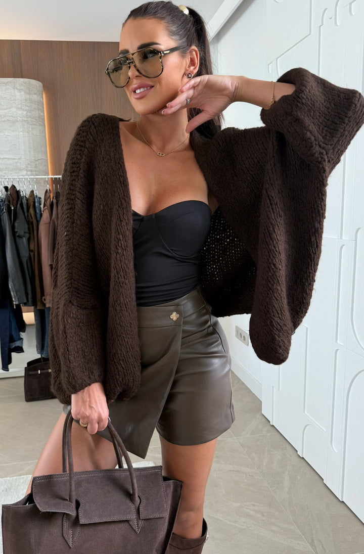 Romy Oversized Knitted Cardigan-Brown