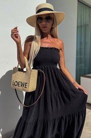 Cassie Shirred Bandeau Tiered Maxi Dress-Black