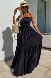 Cassie Shirred Bandeau Tiered Maxi Dress-Black