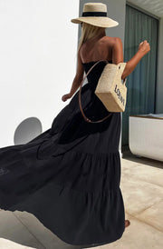 Cassie Shirred Bandeau Tiered Maxi Dress-Black