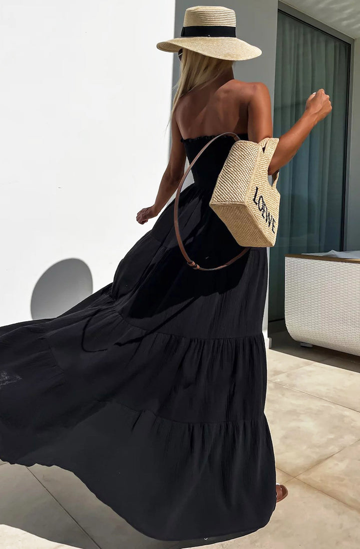 Cassie Shirred Bandeau Tiered Maxi Dress-Black