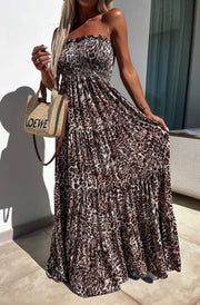 Cassie Shirred Bandeau Tiered Maxi Dress-Brown