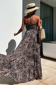 Cassie Shirred Bandeau Tiered Maxi Dress-Brown