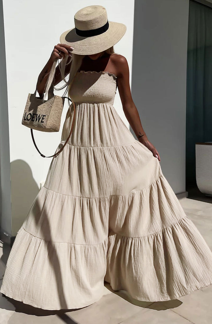 Cassie Shirred Bandeau Tiered Maxi Dress-Stone