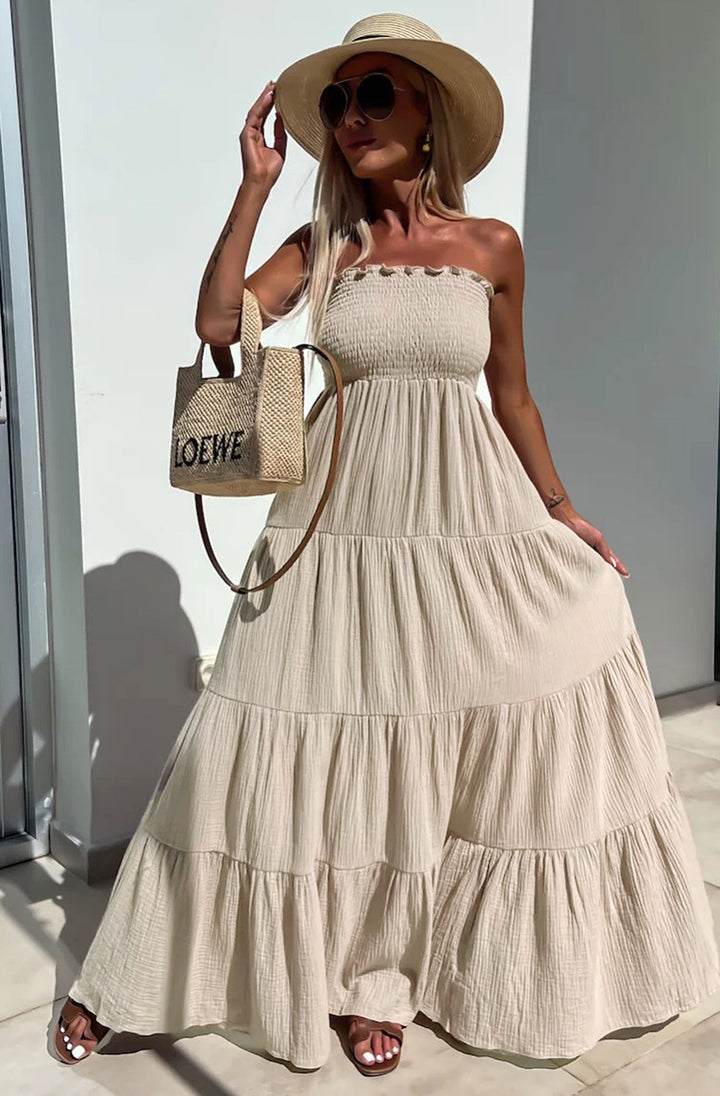 Cassie Shirred Bandeau Tiered Maxi Dress-Stone