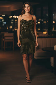 Celene Metallic Sequin Shimmer Bodycon Mini Dress-Gold