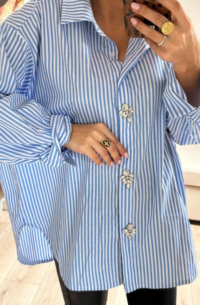 Celeste Striped Diamante Oversized Blouse Shirt Top-Blue