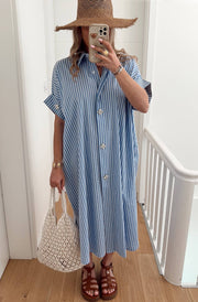 Celeste Striped Diamante Oversized Midaxi Shirt Dress-Blue