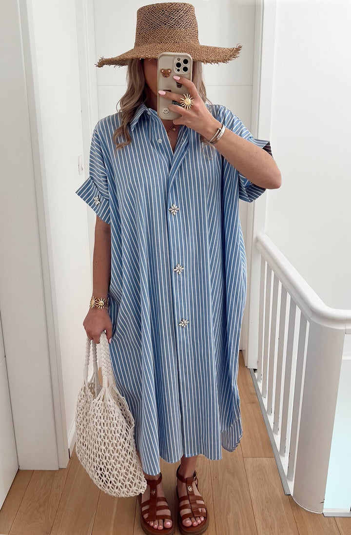 Celeste Striped Diamante Oversized Midaxi Shirt Dress-Blue