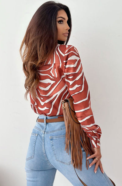 Celina Patterned Pocket Detail Shirt Blouse Top-Rust