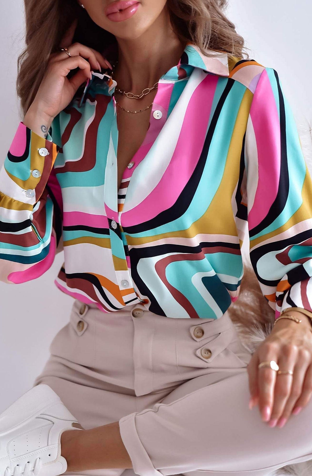 Cerise Colour Block Patterned Blouse Shirt Top-Multi