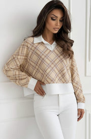 Cherie Check Print V-Neck Layered Effect Sweatshirt Top-Stone