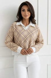 Cherie Check Print V-Neck Layered Effect Sweatshirt Top-Stone