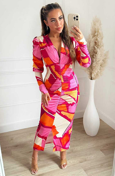 Cherise Colour Bodycon Block Ruched Maxi Dress-Pink