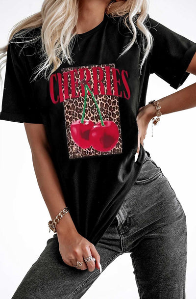 'Cherries' Graphic Printed T-Shirt Top-Black