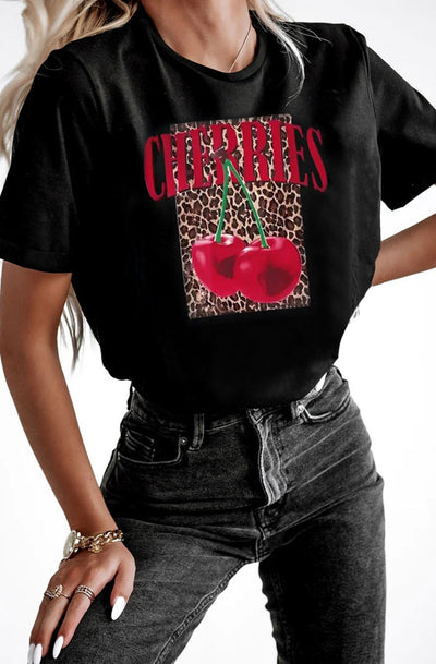 'Cherries' Graphic Printed T-Shirt Top-Black