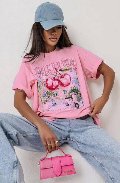 'Cherries' Red Sweet Graphic Printed T. Shirt Top-Pink