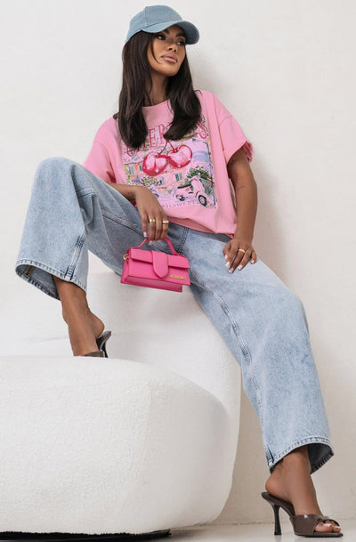 'Cherries' Red Sweet Graphic Printed T. Shirt Top-Pink