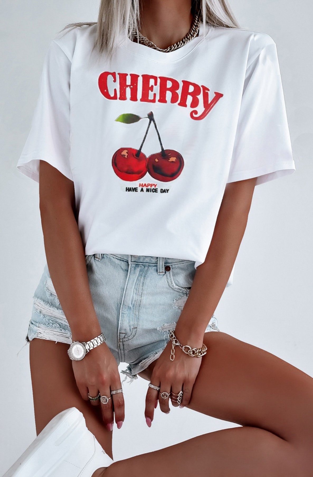 Cherry 'Happy' Graphic Printed T-Shirt Top-Ivory