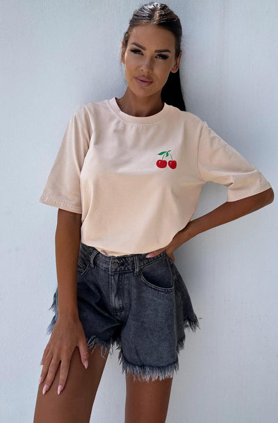 'Cherry' Graphic Printed T-Shirt Top-Stone