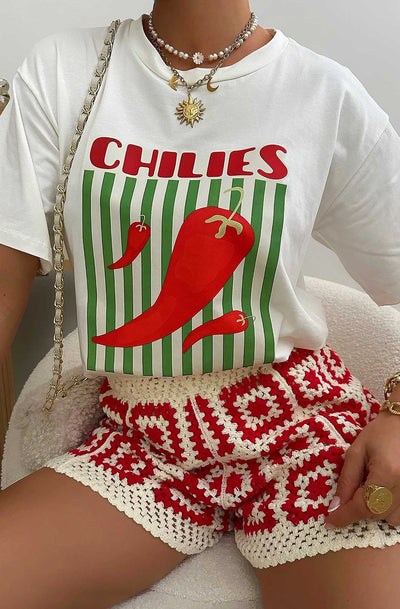 'Chilies-Spice It Up' Graphic Printed T. Shirt Top-Ivory