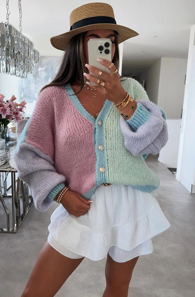 Cindy Colour Block Contrast Knitted Cardigan-Pink