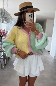 Cindy Colour Block Contrast Knitted Cardigan-Yellow
