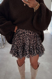 Cleo Leopard Frill Mini Skirt-Brown