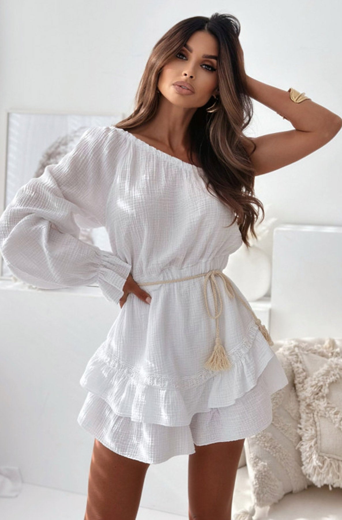 Dahlia Tiered One Shoulder Playsuit-Ivory