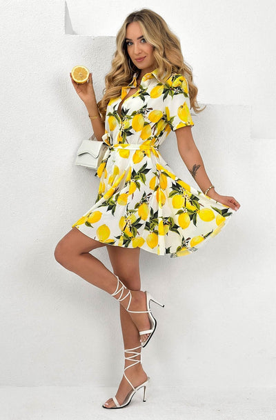Dakota ‘Lemon’ Printed Belted Shirt Dress-Ivory