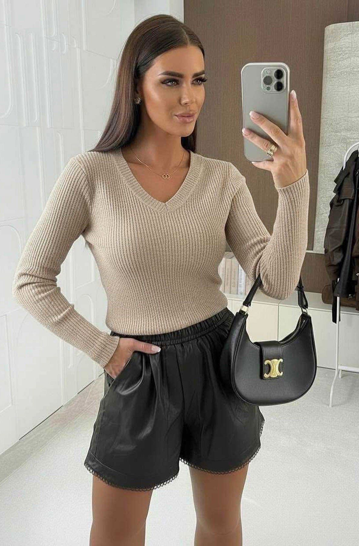 Dalia Shimmer Ribbed Light Knitted Sweater Jumper Top-Stone